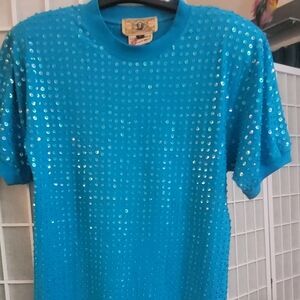 Vintage Gene Bis Turquoise Blue Sequin Long T-shirt, Size P from Neiman Marcus